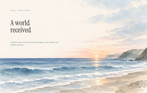 Creation chapter opening from From the Beginning: A world received, above a watercolor sea and sunrise.