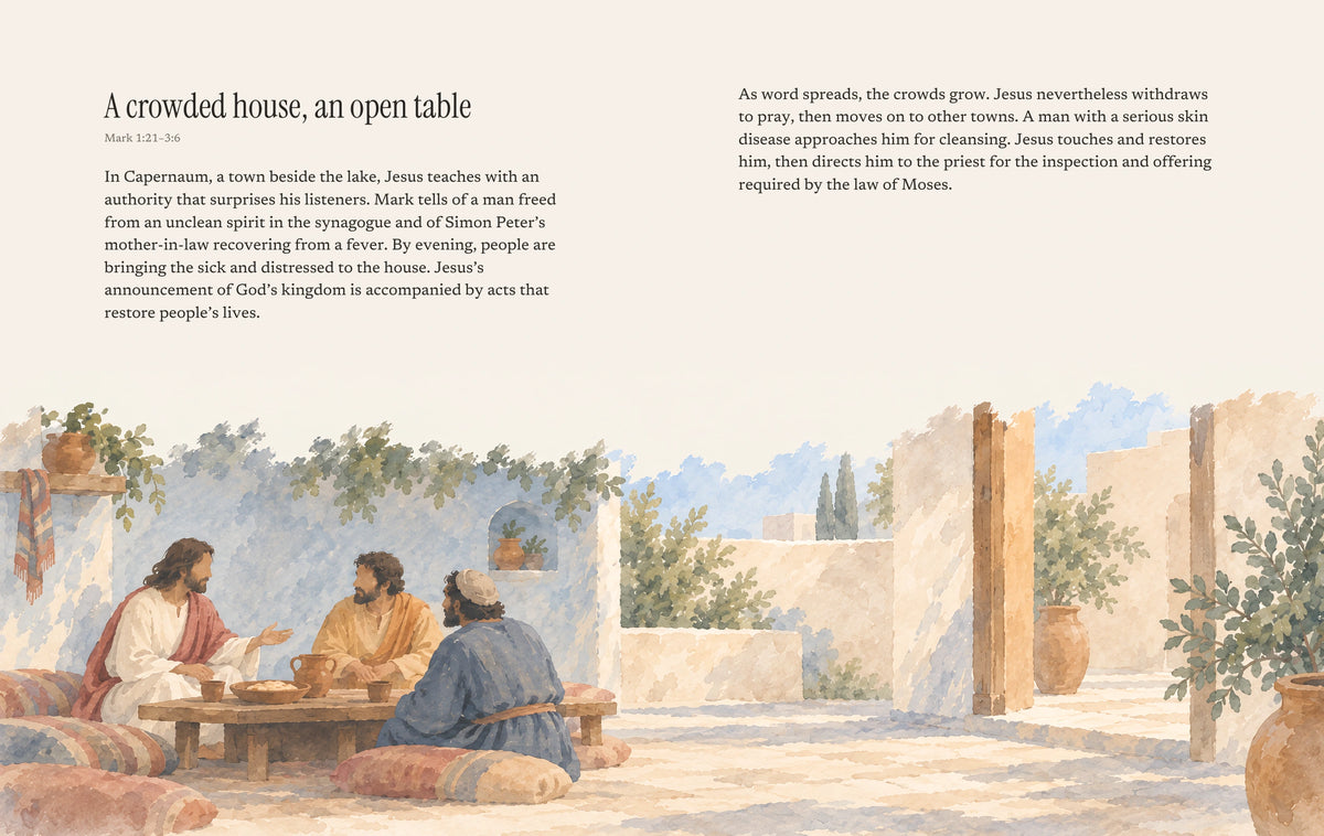 A crowded house, an open table, complete reading spread, pages 114–115.