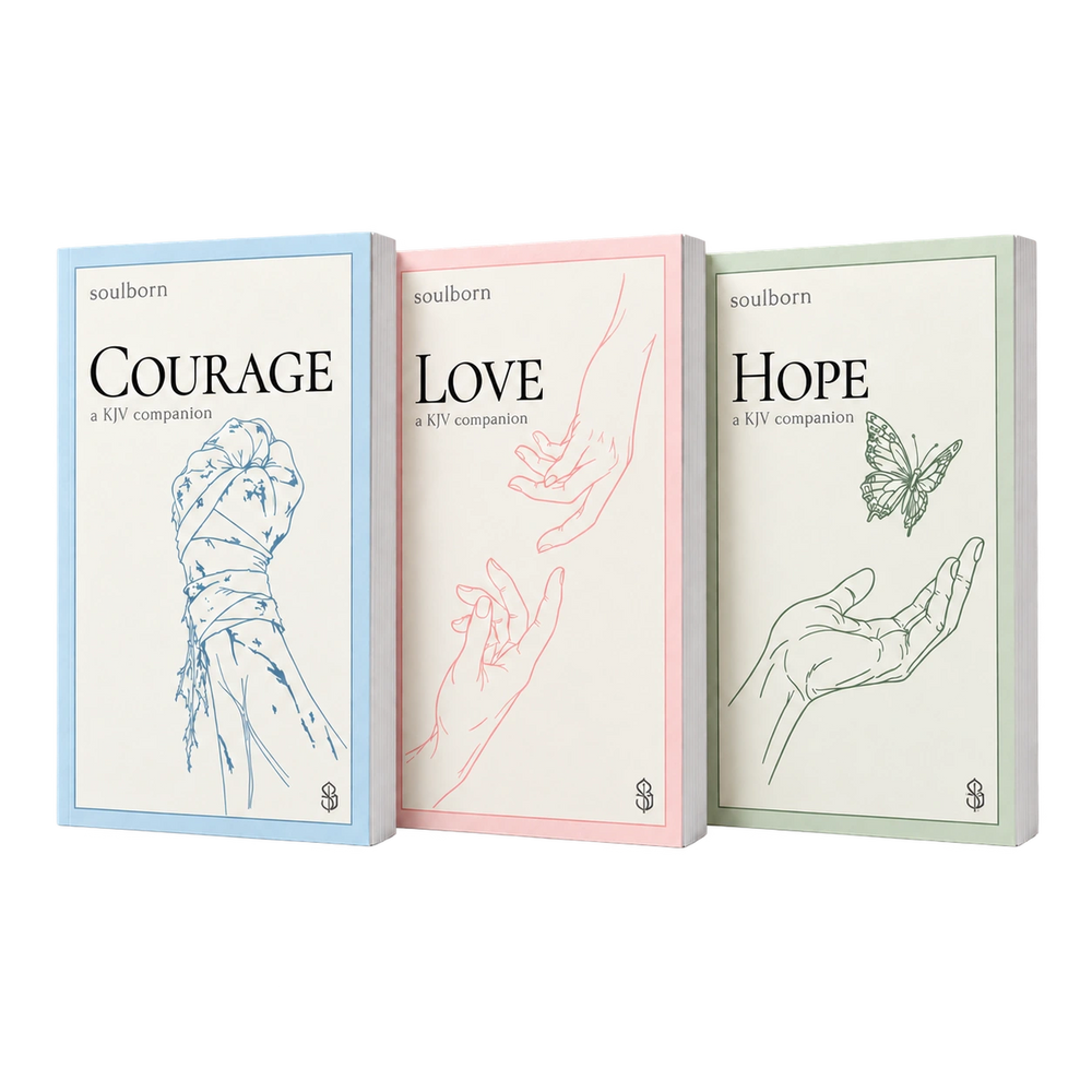Courage, Love and Hope by Soulborn, three matching paperbacks with blue, pink and green illustrated covers in a warm studio.