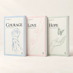 Set Courage Love Hope — book photograph on a warm cream background