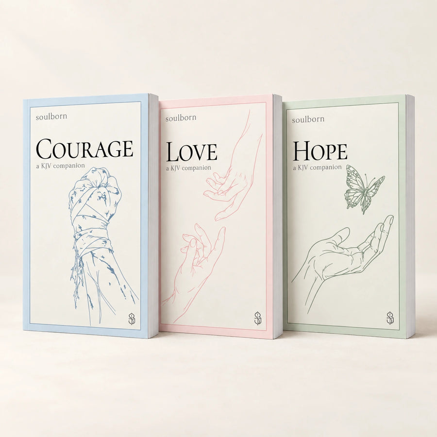Courage, Love and Hope by Soulborn, three matching paperbacks with blue, pink and green illustrated covers in a warm studio.