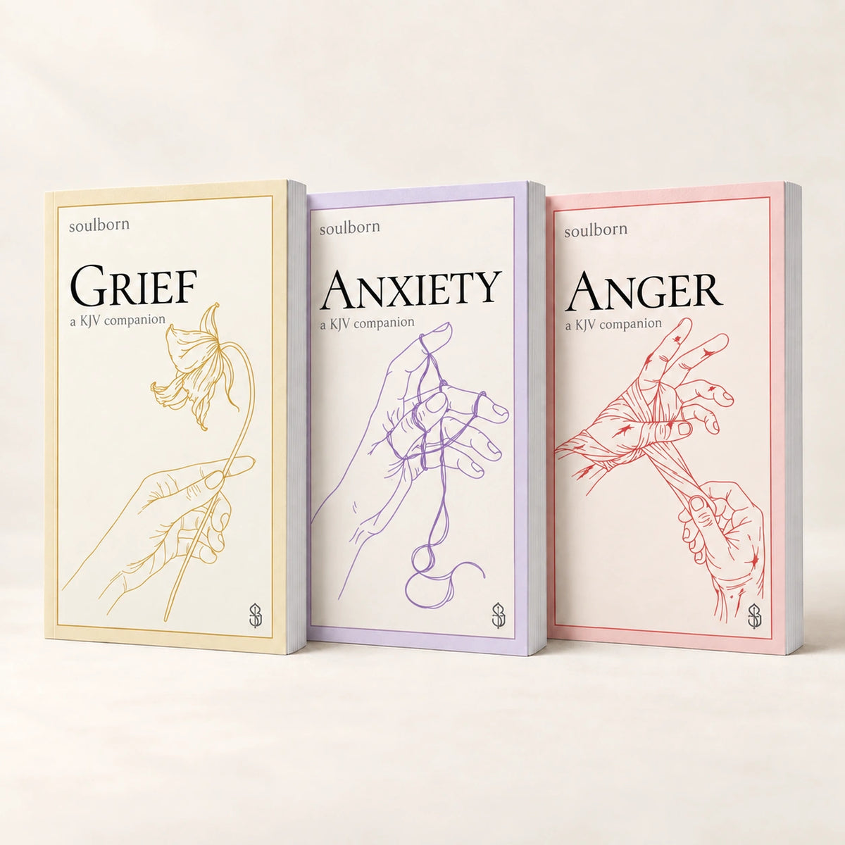 Set Grief Anxiety Anger — book photograph on a warm cream background