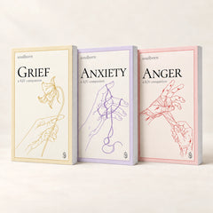 Set Grief Anxiety Anger — book photograph on a warm cream background